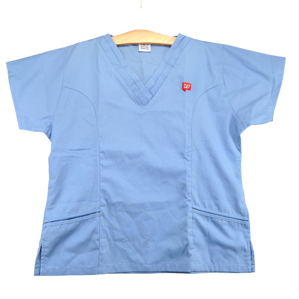 Walgreens Women's Scrub Top Blue Large Short Sleeve Front Pocket Poly Blend